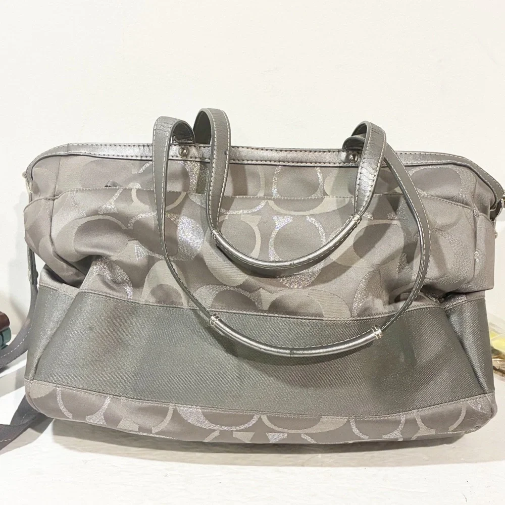 COACH GRAY Signature Stripe Carryall Diaper‎ Bag Canvas Large Tote